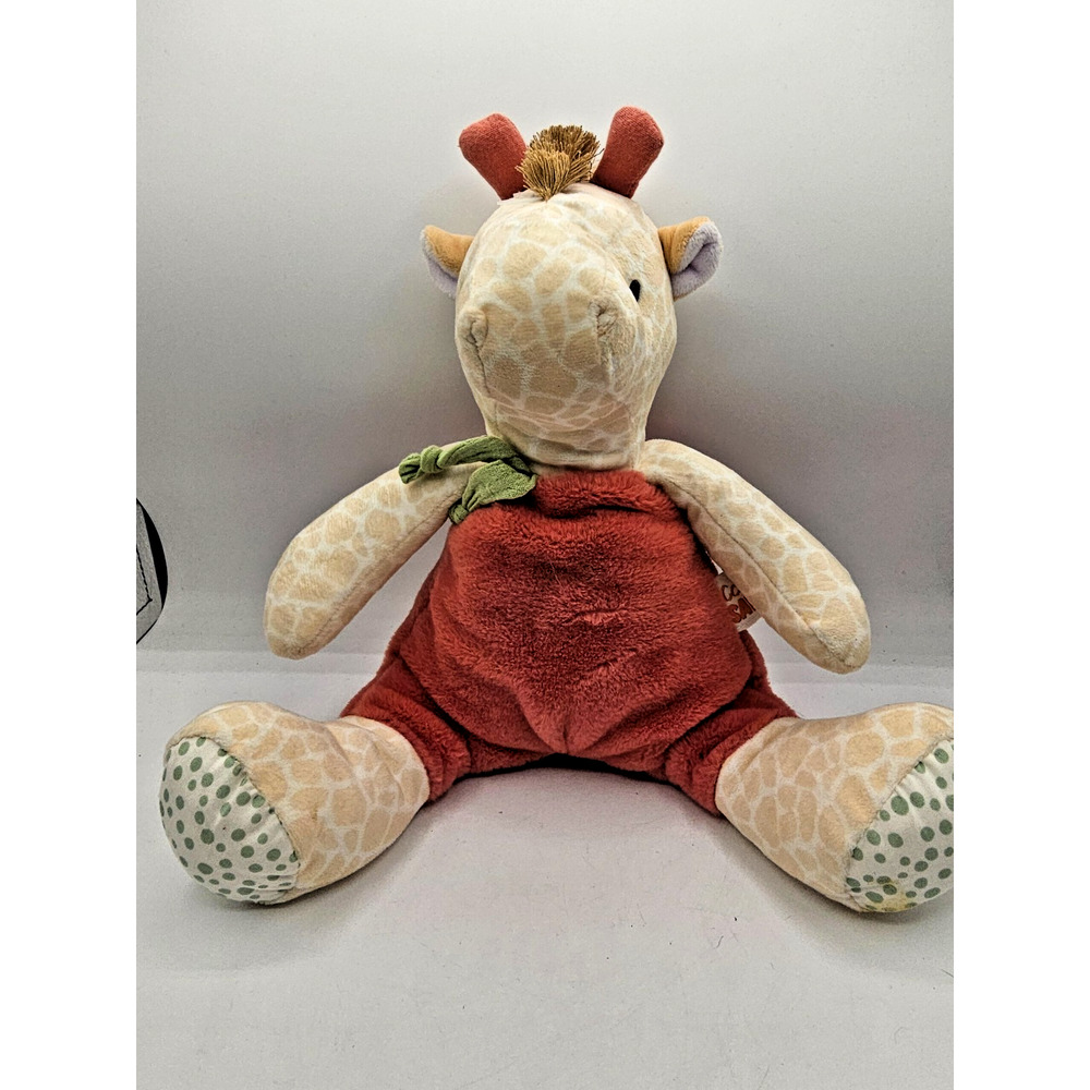 Doudou et Compagnie Couleurs Savane giraffe plush toy in red overalls